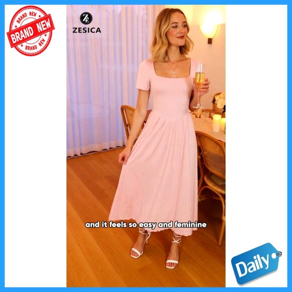 Elegant Square Neck Midi Dress Summer Cocktail Party Flowy Classy Retro - Picture 7 of 7